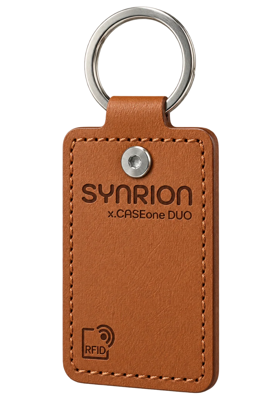 Gestaltungsbeispiel eines cognacfarbenen Leder-Cases mit individueller Gravur und YubiKey.