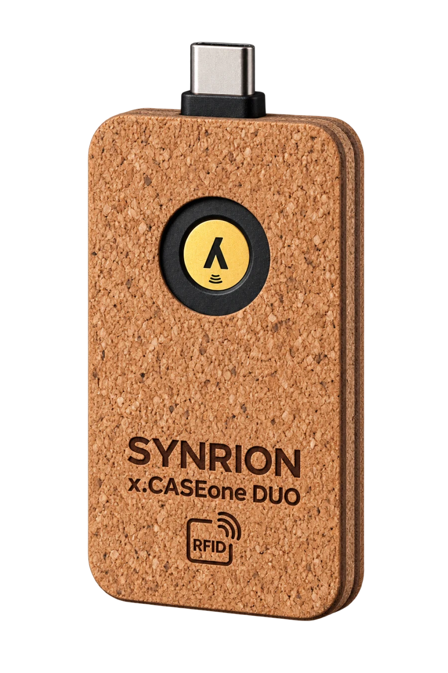 Gestaltungsbeispiel eines naturfarbenen Kork-Cases mit individueller Beschriftung und YubiKey.